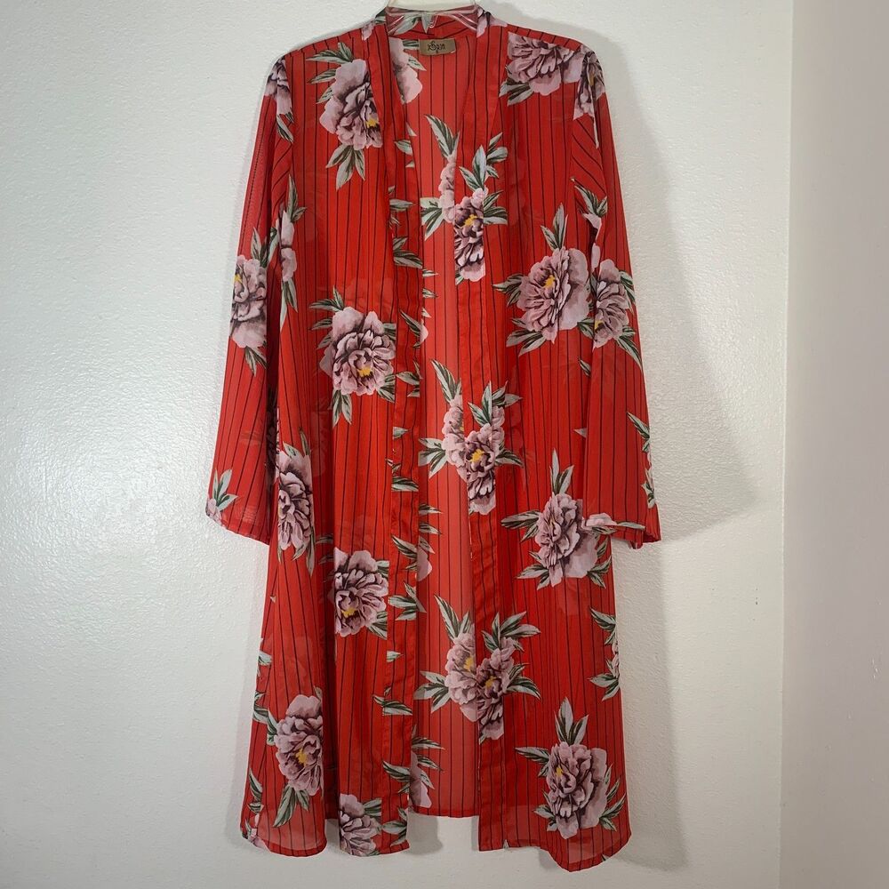 Jorja Red Floral Striped Open Front Caftan Kimono Duster Women's Size Small